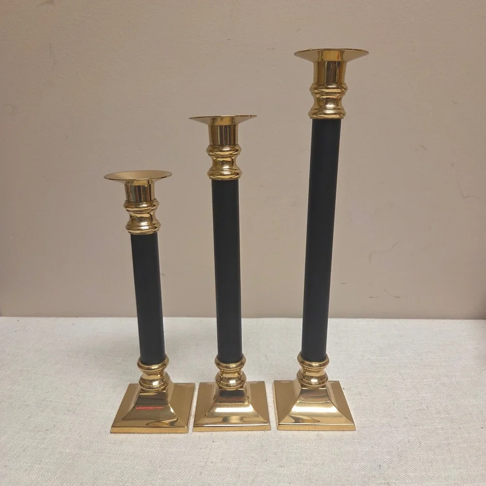 Decorative Crafts Inc Brass and Black Candlestick Holders Set of 3 Vintage Style